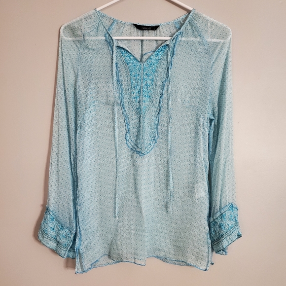 Cassidi womens blouse XS blue see through embroidery slits - Picture 1 of 6